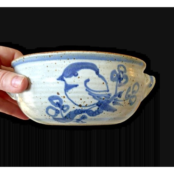 Salt Glaze Speckled Blue Bird Pottery Bowl Handled 6" Signed Handmade Turned - Picture 9 of 9